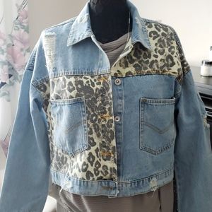 Distressed short leopard jean jacket